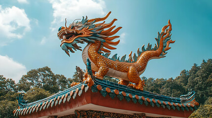 Fototapeta premium Golden Dragon Statue on Temple Roof Illustration