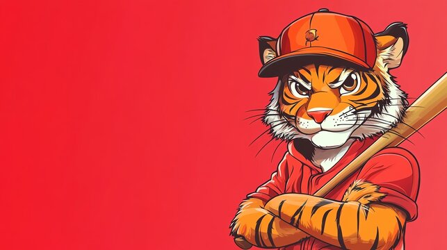 A cartoon tiger wears a baseball cap and a red shirt and holds a baseball bat.