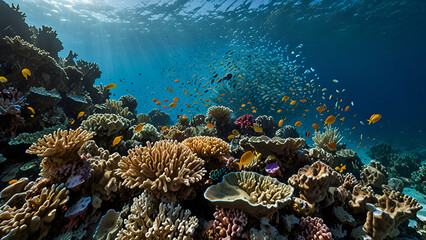 Underwater View of Coral Reef Ecosystem Showcasing Vibrant Marine Life in a Tropical Paradise
