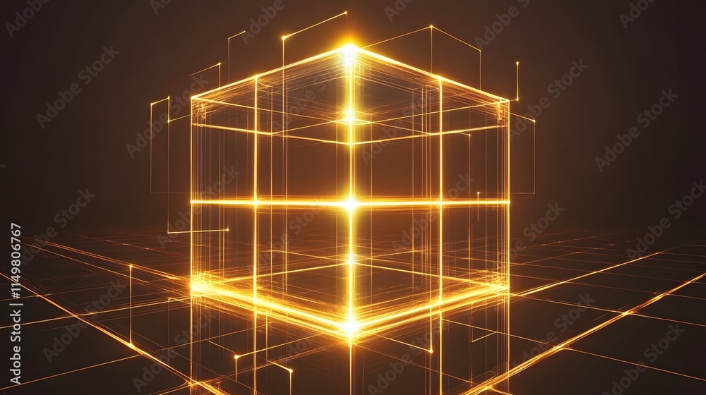 Poster Illuminating 3d cube animation displaying dynamic light effects digital studio graphic design dark environment close-up view