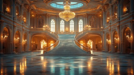 Obraz premium Grand opulent palace, sweeping staircase, golden chandeliers.