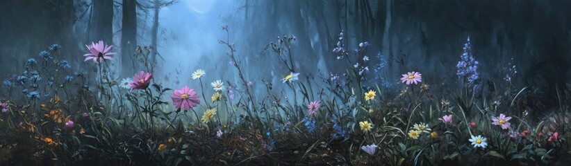 Moonlit Forest Wildflowers Bloom Mystically Under Night Sky