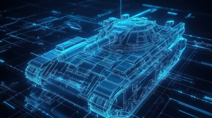 Digital Tank Blueprint: A Holographic Illustration of a Military Vehicle