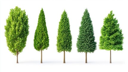 Isolated green trees, various shapes and sizes.