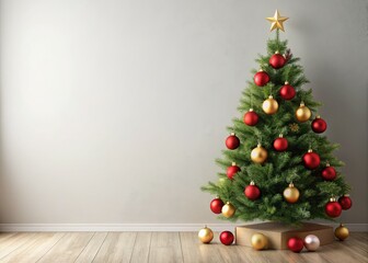 A minimalist gold and red Christmas tree, simple and festive, flat design.