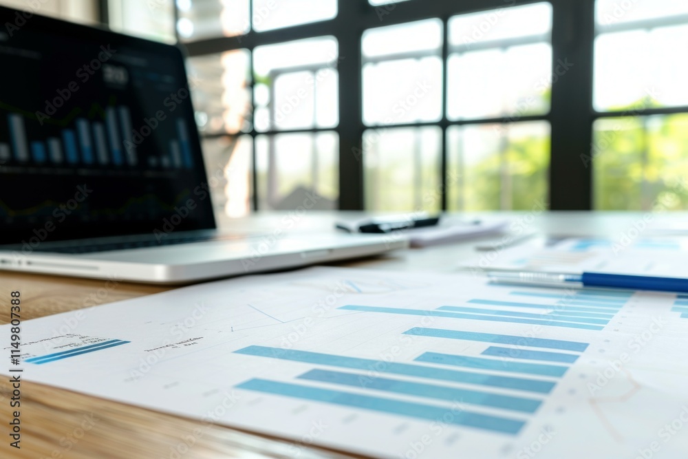 Poster businessman working with financial data using laptop and analyzing charts and graphs showing company