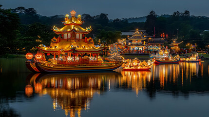 Naklejka premium Night Festive Boats Illuminated Water Scene