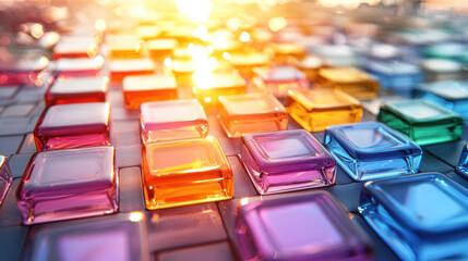 Obraz premium Colorful glass tiles reflecting sunlight create vibrant and artistic display