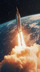 New space rocket lift off. space shuttle with smoke and blast takes off into space on a background of blue planet earth with amazing sunset. successful start of a space mission. travel to mars.