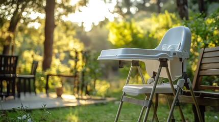 Fototapeta premium A white highchair with a tray sits in a yard with a table and chairs in the background.