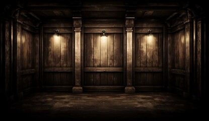 Dark Wooden Room Interior with Wall Lights, Vintage Style