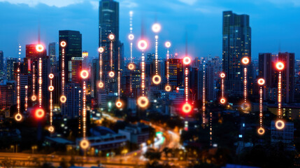 Fototapeta premium vibrant city skyline at dusk with illuminated data streams flowing through