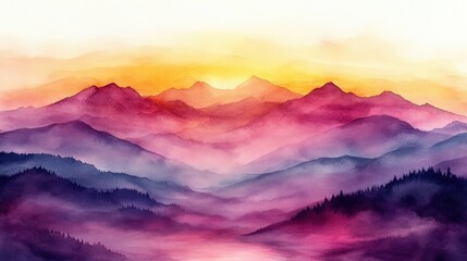 Vibrant watercolor painting of a majestic mountain range at sunset, layers of mountains and fog in purple, pink, orange and yellow hues.