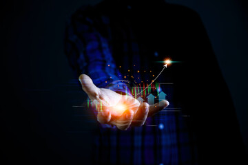 Investment wealth stock. Stock market charts on hand businessman, Business data analyzing growth in...