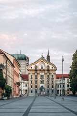 Naklejka premium Ljubljana, Slovenia - 14 August 2024: Congress Square, one of the central squares in Ljubljana, the capital of Slovenia.