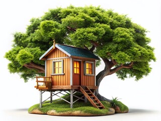 Tiny House Treehouse, Miniature Home in Tree, Small House Design, Eco Friendly Living, Fairy Tale Cottage, PNG Background, Product Photography