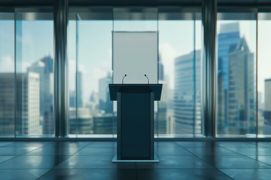 Modern conference room equipped with a podium, microphones, and a blank banner, ready for a presentation or speech, with a stunning cityscape visible through large windows