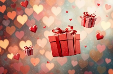 Gift boxes of different sizes, hovering on the air, Valentine's Day, February 14, multi-colored background, floating hearts, golden shimmer, horizontal banner, post card.