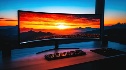 Minimalistic Gaming Desk Setup with Curved Screen