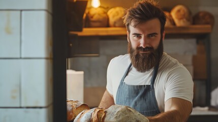 In a warm, rustic bakery, a bearded male baker proudly pulls freshly baked sourdough loaves from the oven, showcasing his dedication to artisanal bread making