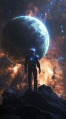 Naklejka premium Spaceman and planet, human in space concept. space background. Ultra realistic. Photorealistic