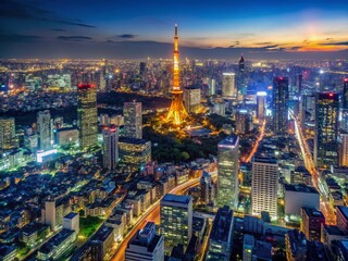 Naklejka premium Tokyo Night Skyline Aerial View: Stunning Cityscape Panorama with Copy Space