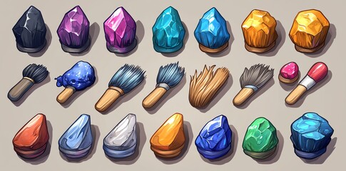 Cartoon set of paint brushes and different colors of paint.