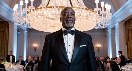 Black middle aged man in tuxedo at formal event standing by grand chandelier