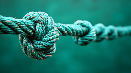 Fototapeta premium Close-up of two nautical knots tied in a turquoise rope against a teal background.