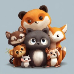 Fototapeta premium Adorable Group Of Cartoon Forest Animals Together