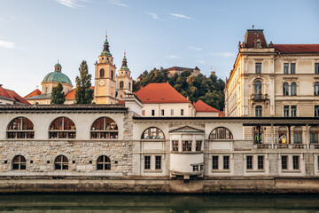 Fototapeta premium Plecnik Covered Market which runs along the covered building opposite the central market and bordering the Ljubljanica canal