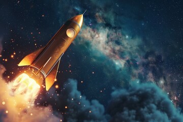 Golden space rocket launching from earth to explore the universe, with smoke, fire, and stars in the background