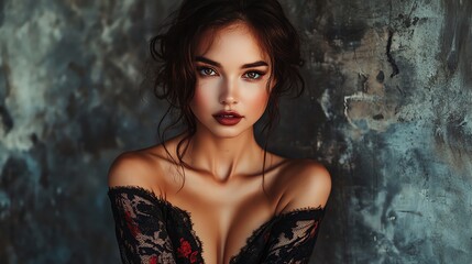 A woman with long dark hair and bold red lipstick stares intensely at the camera.