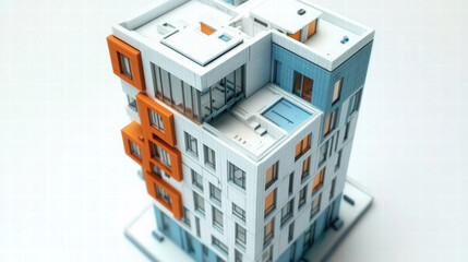 Naklejka premium 3D printed office building model showcasing modern architecture with vibrant orange accents. This detailed design highlights innovative construction techniques and urban aesthetics