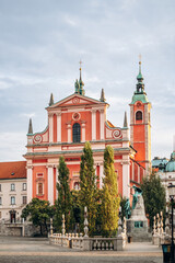 Fototapeta premium The Franciscan church located in the central square of Ljubljana, one of the most recognisable monuments.