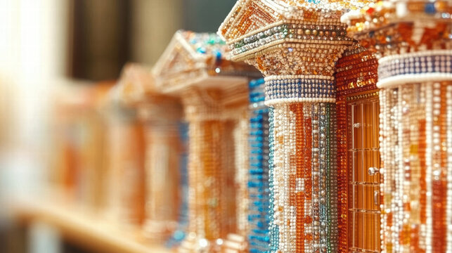 Miniature office buildings made of colorful beads showcase intricate craftsmanship and design. These decorative pieces add unique touch to any space