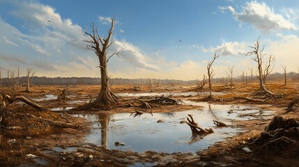 A wasteland filled with toxic lakes, dead trees, and scattered debris