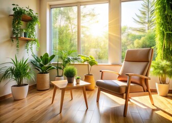 Obraz premium Empty Chair Clinic: Peaceful holistic wellness. Experience serenity in our naturally healing waiting area.