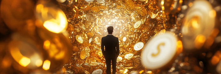 A kaleidoscope of wealth symbols, swirling around a figure, representing the endless possibilities in the realm of finance.  