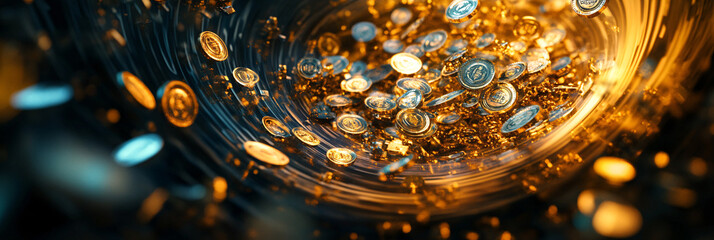 A kaleidoscope of wealth symbols, swirling around a figure, representing the endless possibilities in the realm of finance.  