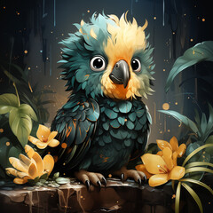 
illustration, perroquet, animaux de la jungle, dessin enfants, mignon, tout-petits, adorable, joli, fun, coloré, arrière plan noir et blanc