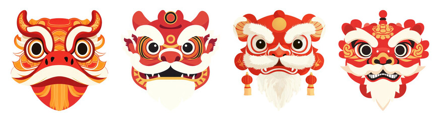 Fototapeta premium PNG Colorful traditional lion masks, element set on transparent background