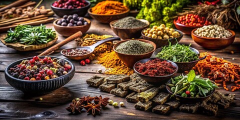 Traditional Chinese Herbal Medicine Selection on Rustic Wooden Background - High-Resolution Stock Photo