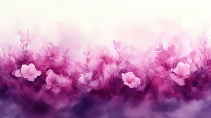 Watercolor painting of a field of pink and purple flowers.