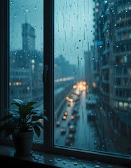 window with raindrops running down the glass, potted plants on the windowsill, and dim light reflecting from inside. Outside, the blurred city lights sparkle in the rain.