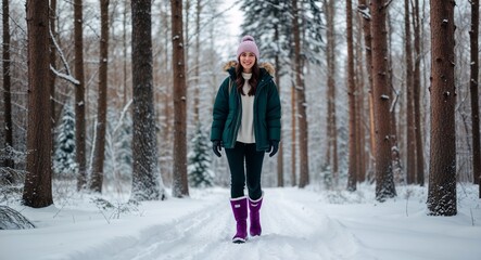Fototapeta premium Caucasian young woman walking through snowy forest wearing purple boots