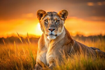 Naklejka premium Golden hour bathes a majestic lioness, her gaze fixed, amidst the sunset grassland's amber glow.