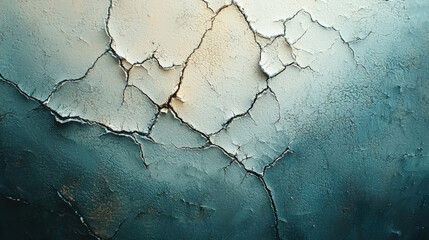 Texture of cracked blue and white paint on an old wall showing signs of wear and age
