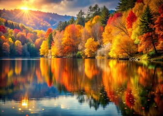 Golden hour bathes an autumn lake, serene reflection mirroring peaceful fall scenery.
