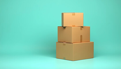 Obraz premium A vibrant turquoise background featuring a stack of cardboard boxes, generative ai